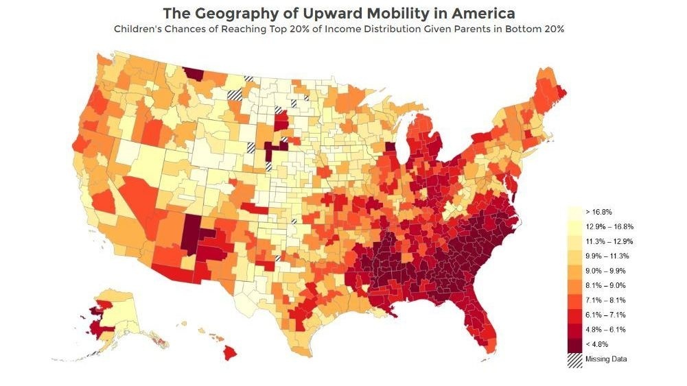 A map of the U.S. shows children's chances of moving from the bottom fifth of income levels to the top fifth. A map of the U.S. shows children's chances of moving from the bottom fifth of income levels to the top fifth.