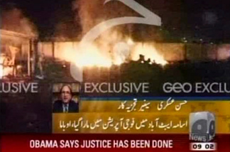 An image made from Geo TV video shows flames at what is thought to be the compound where terror mastermind Osama bin Laden was killed Sunday, May 1, 2011, in Abbatabad, Pakistan.