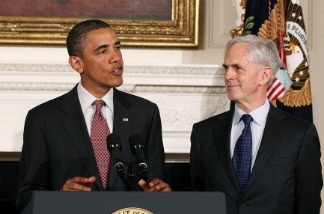 President Barack Obama stands with John Bryson after nominating Bryson to be the next Commerce Secretary, on May 31, 2011 in Washington, D.C. Bryson has now been confirmed by the Senate.