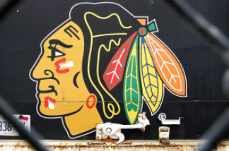 File photo: The Blackhawk's team logo are seen on the back of a truck through a fence outside of the United Center, the home of the Chicago Blackhawks, February 16, 2005 in Chicago, Illinois.