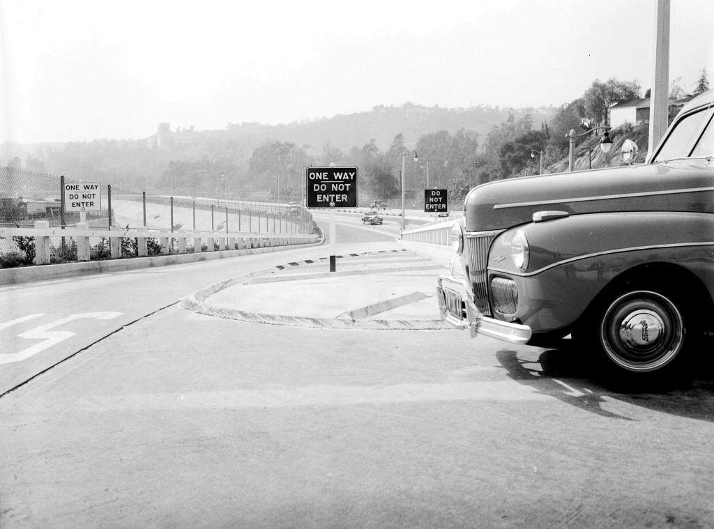 Arroyo Seco Onramp One-way signs that were placed on exit ramps after opening because people did not understand the concept of on-ramps and off-ramps, 1942.