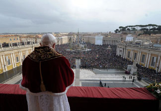 Mercer 13178 Pope Benedict XVI blessing a crowd from the central balcony of St. Peter's Basilica in Vatican City, Vatican.