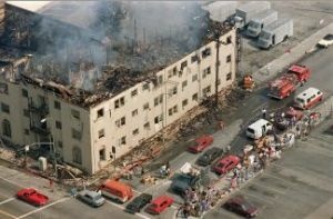 A building damaged by fire during the 1992 Los Angeles riots