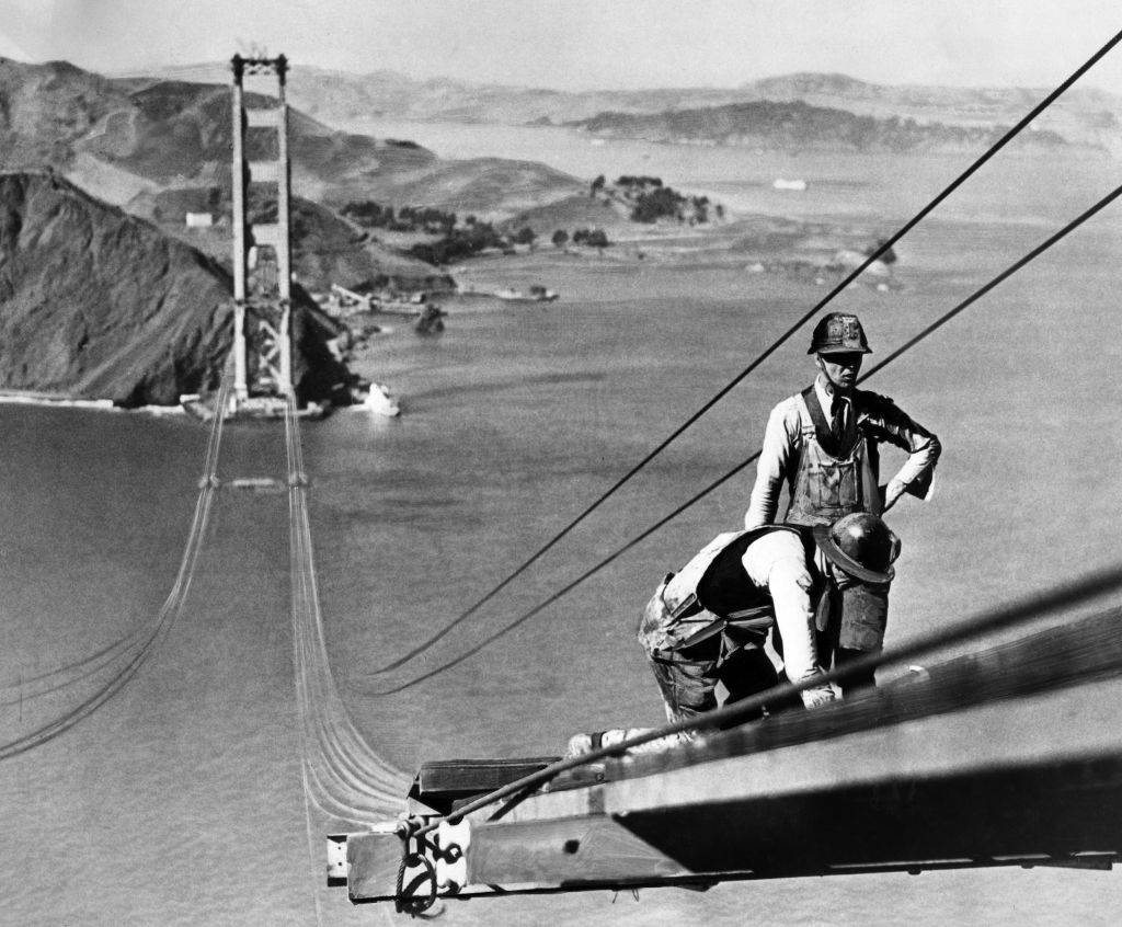 Picture dated October 1935 of the Golden Construction of the Golden Gate Bridge in October, 1935, in the San Francisco Bay. Construction began on January 5,1933 and was inaugurated May 27, 1937 by Franklin Delano Roosevelt — who pushed a button in Washington, DC, to signal the official start of vehicle traffic over the Bridge.