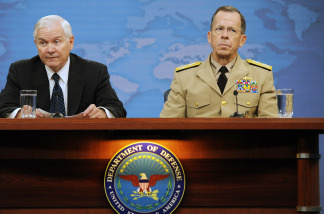 U.S. Secretary of Defense Robert M. Gates (L) and Chairman, Joint Chiefs of Staff Adm. Mike Mullen conduct a press briefing on the replacement of U.S. Gen. Stanley McChrystal and the war in Afghanistan June 24, 2010 in Arlington, Virginia.
