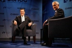 Republican presidential candidate Mitt Romney, left, with Univision's Jorge Ramos in a "Meet the Candidate" forum in Miami, January 25, 2012