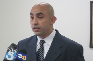 Manuel Gallegos, who recorded a YouTube video showing LAPD officers hitting bike riders with batons, holds a press conference to announce his claim against the LAPD in Downtown Los Angeles on June 4, 2010.