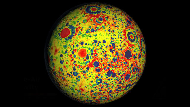 This image shows the variations in the lunar gravity field as measured by NASA's Gravity Recovery and Interior Laboratory (GRAIL) during the primary mapping mission from March to May 2012. Very precise microwave measurements between two spacecraft, named Ebb and Flow, were used to map gravity with high precision and high spatial resolution.