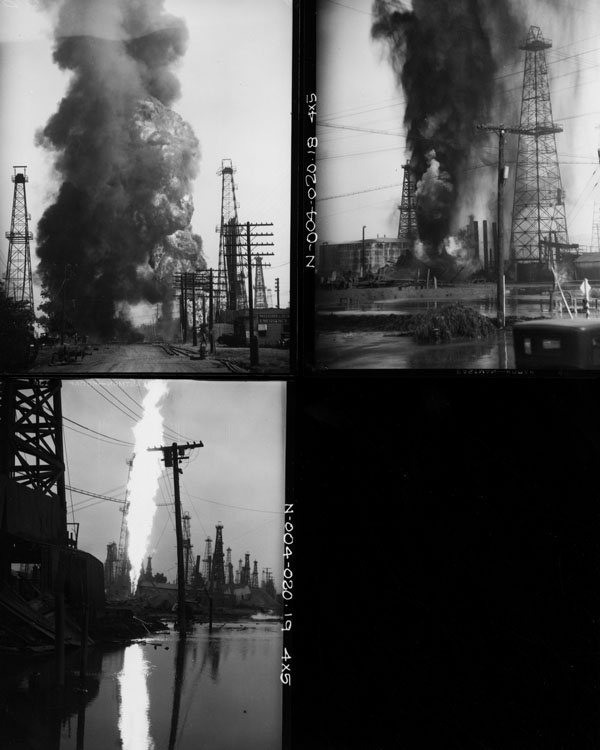 oil field fire An undated contact sheet from the LA Public Library shows three different photos of an oil field fire in Southern California.