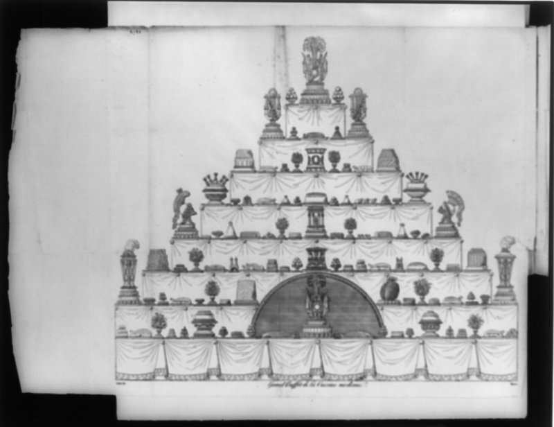Carême shaped confections like different foods, helmets, Turkish mosques and Greek temples, among other things, on this 8-layer cake illustrated circa 1822. Carême shaped confections like different foods, helmets, Turkish mosques and Greek temples, among other things, on this 8-layer cake illustrated circa 1822.