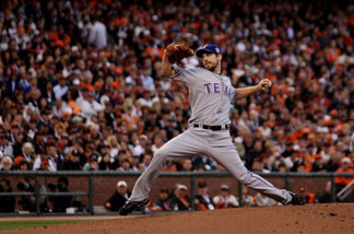 Cliff Lee #33 of the Texas Rangers pitches against the San Francisco Giants in Game One of the 2010 MLB World Series at AT&T Park on October 27, 2010 in San Francisco, California.