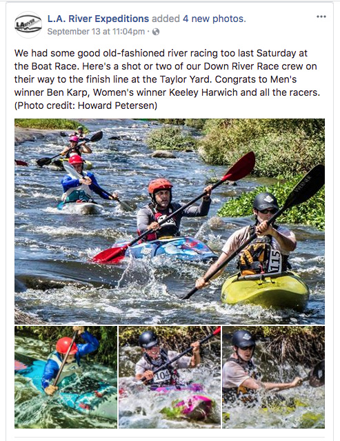 LA River Race 2017 L.A. River Expeditions deleted this Facebook post on Wednesday, September 20. KPCC took a screenshot of the post before it was taken down.