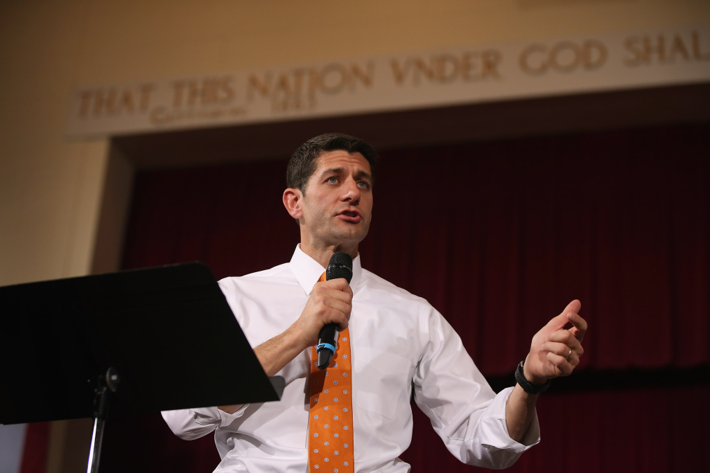 Paul Ryan Campaigns In Wisconsin Congressman Paul Ryan speaks to supporters during a campaign rally at the Memorial Hall on October 31, 2012 in Racine, Wisconsin.