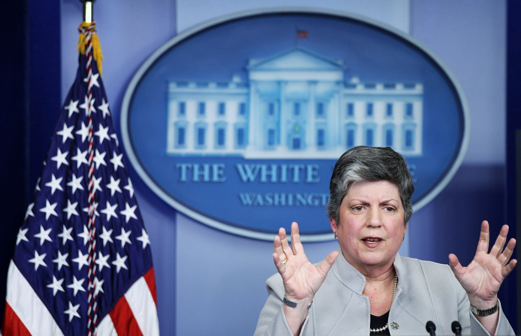Janet Napolitano Discusses Effects Of Sequester On Homeland Security U.S. Homeland Security Secretary Janet Napolitano speaks during the White House daily briefing at the James Brady Press Briefing Room of the White House February 25, 2013 in Washington, DC. Napolitano spoke on the sequestration impact it would have for homeland security.