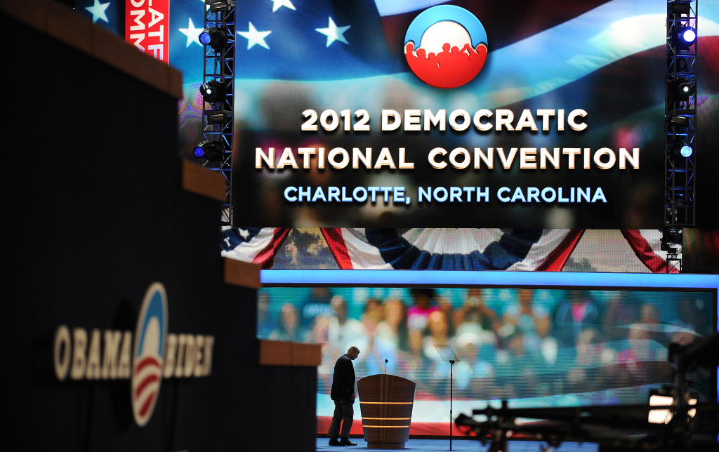 US - VOTE - 2012 - DEMOCRATIC CONVENTION A worker checks the stage at the Time Warner Cable Arena hours before the start of the Democratic National Convention (DNC), September 4, 2012 in Charlotte, North Carolina.