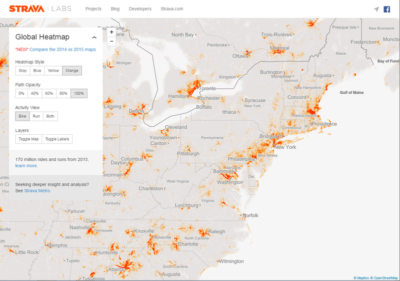 Strava Global Heatmap A screenshot from the Strava Labs website shows the visualization of biking activity data around the world. The Strava Global Heatmap is free of charge for advocacy organizations and the general public to access online.