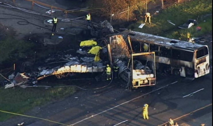 A screencap from NBC-LA of wreckage from a bus crash on Interstate 5 in Northern California that killed 9 on April 10, 2014. A screencap from NBC-LA of wreckage from a bus crash on Interstate 5 in Northern California that killed 9 on April 10, 2014.