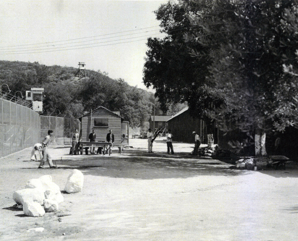 Guard towers watch over detainees at the Tuna Canyon Detention Center in Tujunga. The site of the camp is now the Verdugo Hills Golf Course.