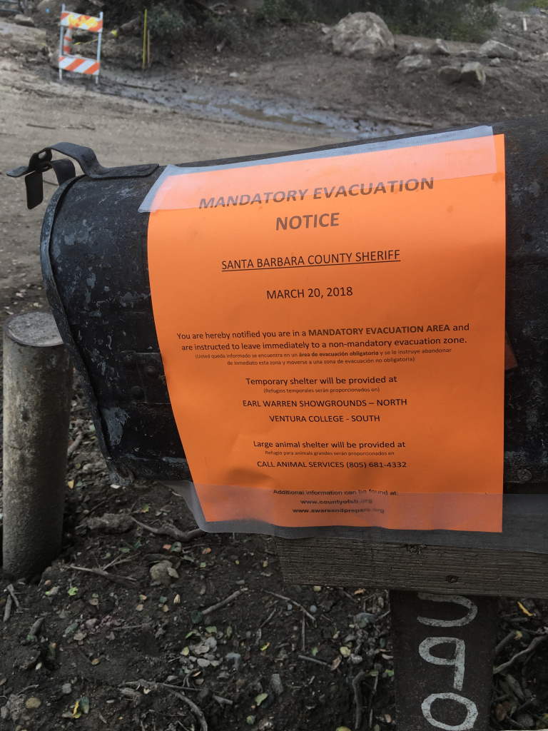 The evacuation notices on everyone’s mailboxes in the mandatory zones in Santa Barbara County, as seen on Tuesday, March 20, 2018. Taken on Toro Canyon Road in Montecito. The evacuation notices on everyone’s mailboxes in the mandatory zones in Santa Barbara County, as seen on Tuesday, March 20, 2018. Taken on Toro Canyon Road in Montecito.