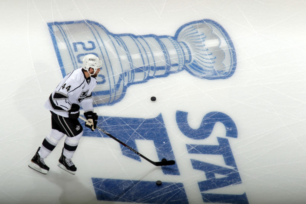 Los Angeles Kings v New Jersey Devils - Game Two Davis Drewiske #44 of the Los Angeles Kings warms up before Game Two of the 2012 NHL Stanley Cup Final at the Prudential Center in Newark, New Jersey.