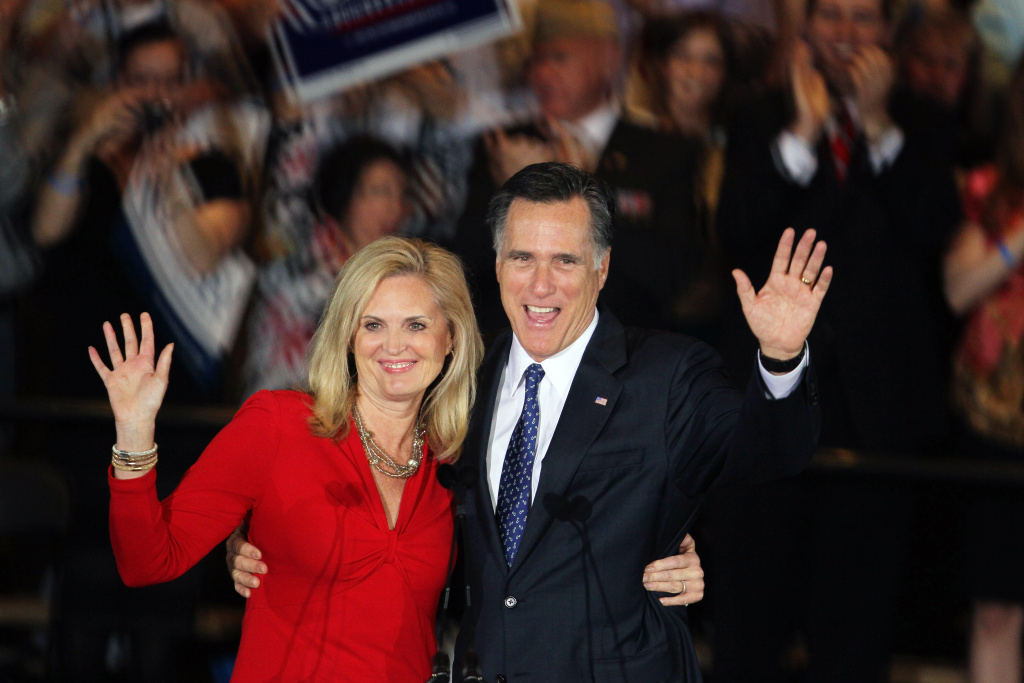 Republican presidential candidate, former Massachusetts Gov. Mitt Romney and his wife Ann Romney greet supporters during an Illinois GOP primary victory party at the Renaissance Schaumburg Convention Center Hotel March 20, 2012 in Schaumburg, Illinois. Exit polls showed Romney leading his closest rival, former Sen. Rick Santorum (R-PA), and will keep his lead in the delegate count.