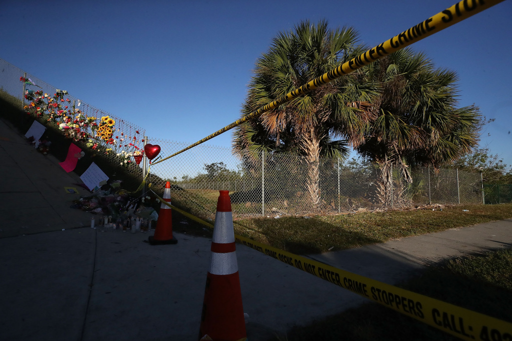 Florida Town Of Parkland In Mourning, After Shooting At Marjory Stoneman Douglas High School Kills 17 A sidewalk leads to Marjory Stoneman Douglas High School, site of the February 14, 2018 mass shooting in Parkland, Florida.