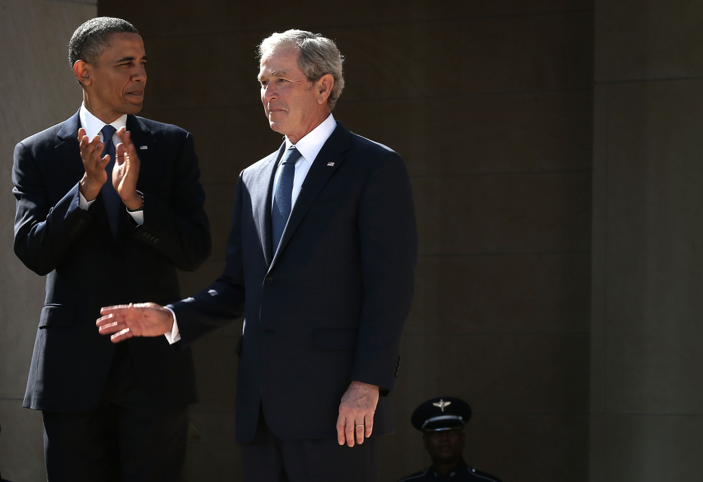 George W. Bush Library Dedication Attended By President Obama And Former Presidents U.S. President Barack Obama (L) and former President George W. Bush (R) arrive at the opening ceremony of the George W. Bush Presidential Center April 25, 2013 in Dallas, Texas. The Bush library, which is located on the campus of Southern Methodist University, with more than 70 million pages of paper records, 43,000 artifacts, 200 million emails and four million digital photographs, will be opened to the public on May 1, 2013. The library is the 13th presidential library in the National Archives and Records Administration system.