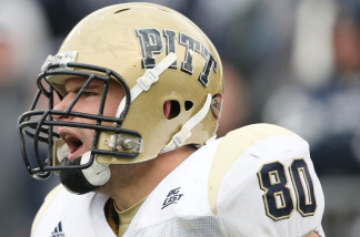 Nate Byham #80 of the Pittsburgh Panthers celebrates his touchdown in the second half against the Connecticut Huskies on December 6, 2008 at Rentschler Field in East Hartford, Connecticut.