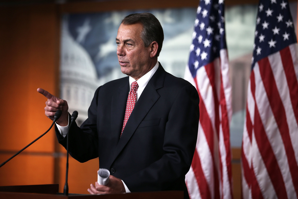 Boehner Holds Press Briefing At The Capitol U.S. Speaker of the House Rep. John Boehner (R-OH) takes questions during a news briefing February 14, 2013 on Capitol Hill in Washington, DC. Boehner held an on-camera briefing to answer questions from the media.