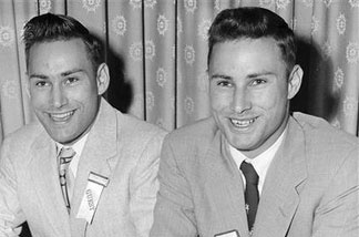 In this June 4, 1955 file photo, Richard Herrick, left, and his twin brother Ronald, from Northborough, Mass., sing at the annual meeting of the Mended Hearts Club at a hotel in Boston. The identical twin brothers made medical history when Ronald donated one of his kidneys to Richard for a Dec. 23, 1954 kidney transplant that was recognized as the world's first successful organ transplant. Richard lived eight years after receiving the transplant. Ronald died Monday, Dec. 27, 2010, in Augusta, Maine. He was 79.