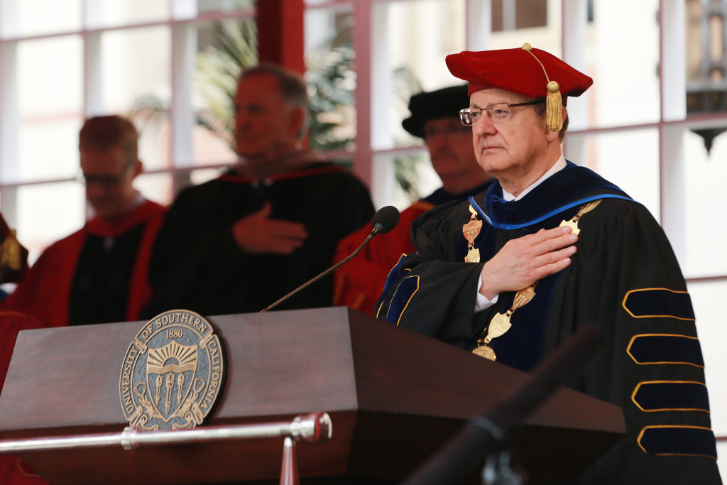 School President of USC CL Max Nikias attends The University Of Southern California's Commencement Ceremony at Alumni Park at USC on May 11, 2018 in Los Angeles, California. LOS ANGELES, CA - MAY 11: School President of USC CL Max Nikias attends The University Of Southern California's Commencement Ceremony at Alumni Park at USC on May 11, 2018 in Los Angeles, California. (Photo by Leon Bennett/Getty Images)