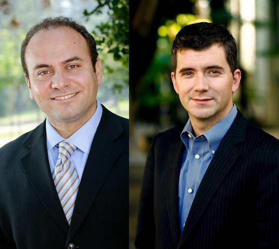 Adrin Nazarian, left, accuses his opponent Brian Johnson, right, of having ties to Republican campaign donors. Both men are Democrats.