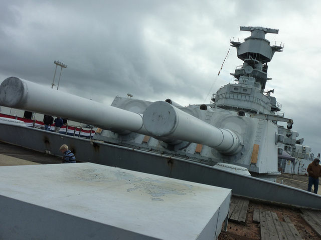View of the USS Iowa's gun turrets View of the USS Iowa's gun turrets and rotted out deck.