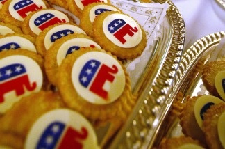 Mercer 16076 Republican elephant cookies sit on a table at the Republican National Committee summer meeting.