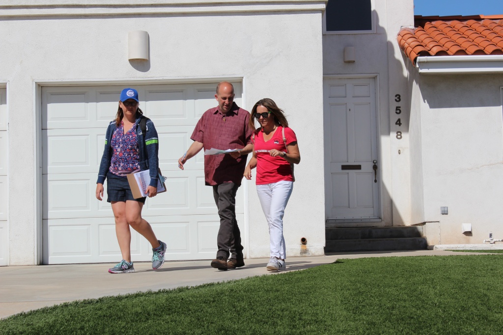 L.A. Unified School Board president Steve Zimmer, center, campaigning with volunteers in Mar Vista.