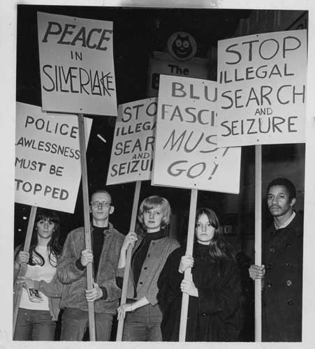 Demonstrators in February 1967 took to the streets following the police arrests at the Black Cat Tavern on New Year's. Demonstrators in February 1967 took to the streets following the police arrests at the Black Cat Tavern on New Year's.