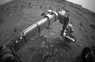File photo: NASA's Mars Exploration Rover Spirit moved its robotic arm during the rover's 1,277th Martian day (Aug. 6, 2007) for the first time in 20 days.
The teams operating Spirit and Opportunity kept both rovers' activity levels very low through July and early August of 2007 because dust storms have obscured much of the sunshine that the rovers rely upon for their solar arrays.