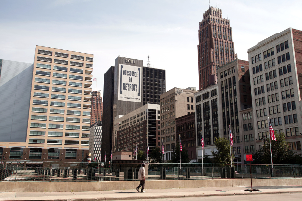 Detroit Teeters On Edge Of Bankruptcy A banner on a building in downtown Detroit is shown July 18, 2013 in Detroit, Michigan. Detroit today filed for Chapter 9 bankruptcy, making it the largest city to file for bankruptcy in U.S. history. Between the years 2000 and 2010, Detroit's population declined by a quarter of a million people.