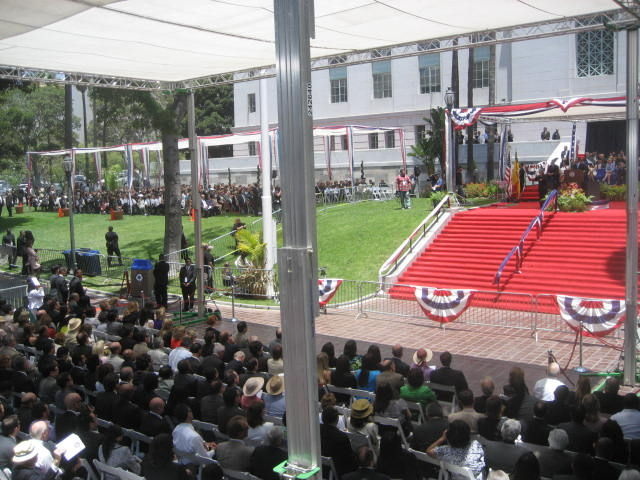 On the steps of City Hall, L.A. Mayor Antonio Villaraigosa announced five initiatives for the four years of his second term: job creation, the environment, transportation, public safety, and education.