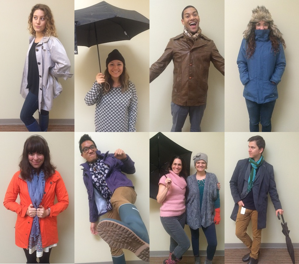 KPCC staffers all show off their El Niño and rainy day fashion gear. Clockwise from top left: Kristen Lepore, Maya Sugarman, Austin Cross, Michelle Lanz, Sanden Totten, Andrea Gardner-Bernstein, Evelyn Larrubia, Leo Duran and Becca Murphy. KPCC staffers all show off their El Niño and rainy day fashion gear. Clockwise from top left: Kristen Lepore, Maya Sugarman, Austin Cross, Michelle Lanz, Sanden Totten, Andrea Gardner-Bernstein, Evelyn Larrubia, Leo Duran and Becca Murphy.
