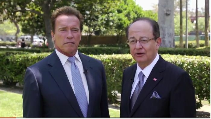 University of Southern California President C. L. Max Nikias and Arnold Schwarzenegger, 38th governor of California, announce the establishment of the USC Schwarzenegger Institute for State and Global Policy, which will be housed in the USC Price School of Public Policy.