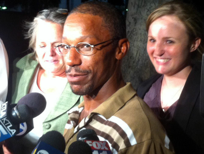 John Edward Smith, moments after walking out of law enforcement custody for the first time in 19 years. Smith was exonerated of a 1993 murder charge in an L.A. drive-by shooting.