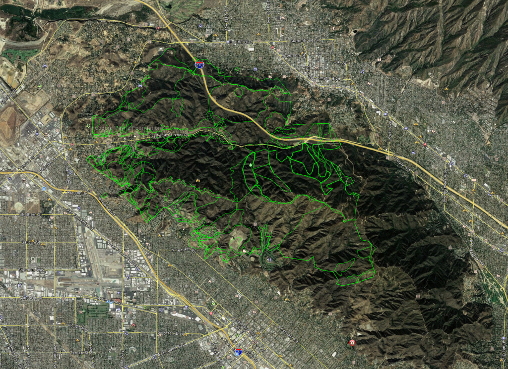 The green lines outline past fires in the Verdugo Mountains from 1937 to the present. The green lines outline past fires in the Verdugo Mountains from 1937 to the present.
