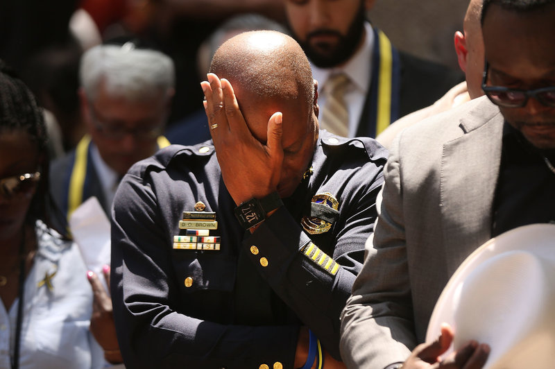 Police%20Chief%20at%20Vigil_custom-c0c7ea67b4ebeef632406963ee1cad6bcf5e180e-s800-c85.jpg Dallas Police Chief David Brown pauses at a prayer vigil following the deaths of five police officers last night during a Black Lives Matter march.