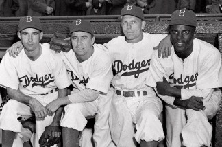 From left are Brooklyn Dodgers' John Jorgensen, Pee Wee Reese, Ed Stanky and Jackie Robinson, in an April 15, 1947 file photo.