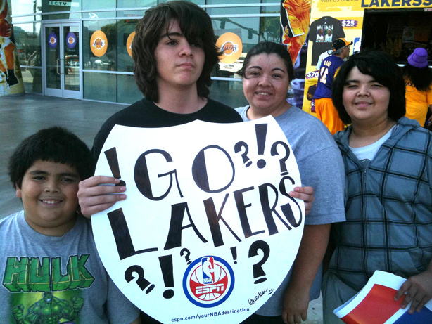 The Pulido family of South Los Angeles cheers for the home team at Staples Center on Thursday, June 3, 2010. David, from left, Anthony, Mom Chantelle and Paul.