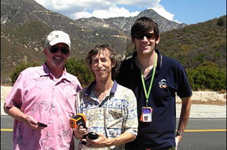 Mercer 7701 Near the end of their Off-Ramp TemperaTour, JPL climatologist Bill Patzert, Cal State LA meteorologist Steve LaDochy, and KPCC's John Rabe (L-R) discover it's just as hot up on the Angeles Crest, as evidenced by the big cumulus clouds.