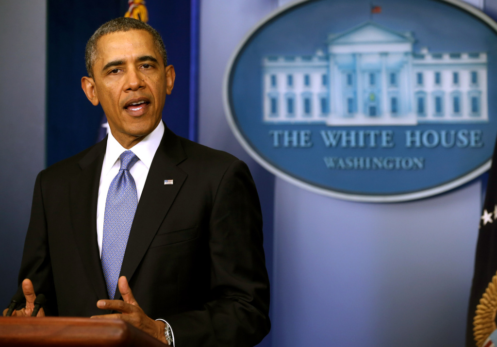 Obama Delivers Statement On The Ukraine At The White House WASHINGTON, DC - MARCH 17: U.S. President Barack Obama gives a statement on the situation in the Ukraine in the Brady Press Briefing Room of the White House on March 17, 2014 in Washington, DC. The U.S. and the European Union have imposed sanctions on Russian and Ukraine officials in response to their actions that supported the referendum for Crimean separation. (Photo by Mark Wilson/Getty Images)