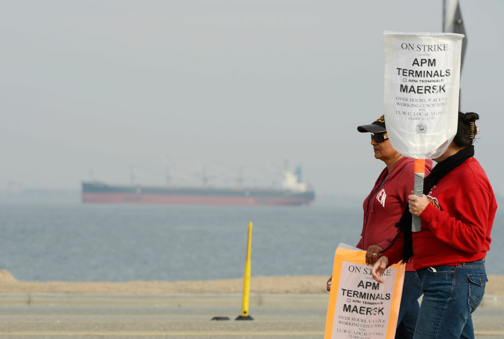 Strike At Ports Of Los Angeles And Long Beach Continue Into 8th Day An empty container ship is anchored at the entrance to the harbor as members of the International Longshore and Warehouse Union strike, putting a halt to most of the work at the Los Angeles and Long Beach ports for the eighth day on December 4, 2012 in Los Angeles, California. Union workers are opposed to layoffs from the shipping companies that employ them. The opposing sides agreed today to meet with a federal mediator in hopes of resolving the labor dispute at the busiest seaport complex in the nation.