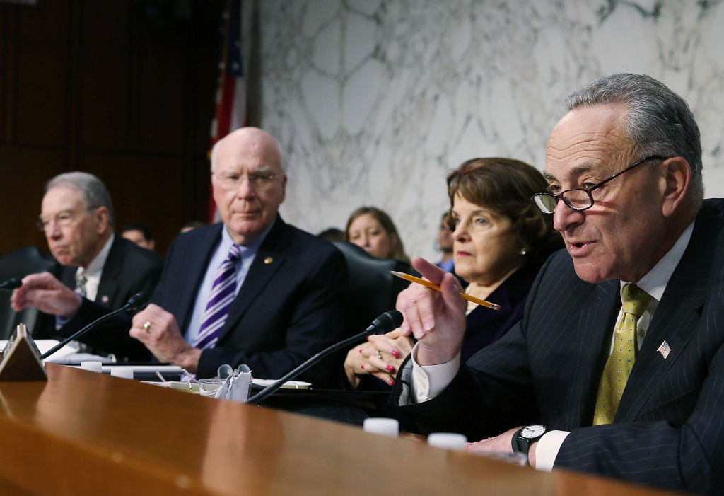 Senate Judiciary Cmte Holds Hearing On Comprehensive Immigration Reform Sen. Charles Schumer (D-NY)(R), speaks while flanked by Sen. Dianne Feinstein (D-CA)(2nd-R), Chairman Patrick Leahy (D-VT)(2nd-L) and Sen. Chuck Grassley (R-IA)(L) during a Senate Judiciary Committee hearing on April 22, 2013 in Washington, DC.The committee is hearing testimony on border security, economic opportunities and the Immigration Modernization Act.